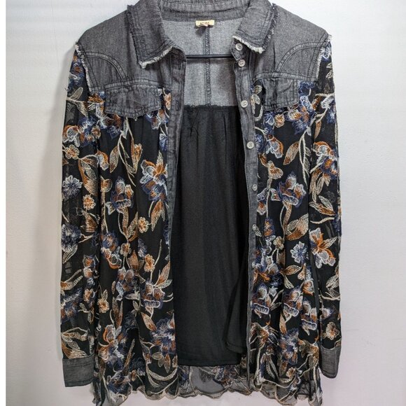 Reba Button-Front Embroidered Floral Jacket Denim & Sheer Black , Size S - Picture 1 of 9